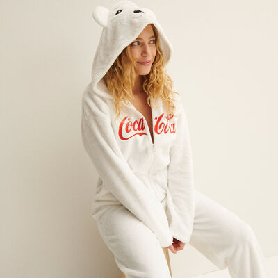 Coca-Cola fleece playsuit with bear hood - white;