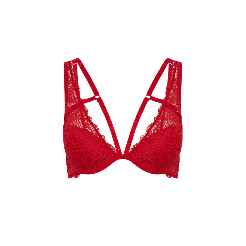 Lace and lacing triangle bra - red red.