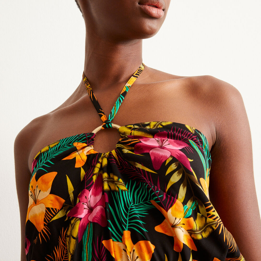 Tiaré flower print playsuit with ring detail - black black.