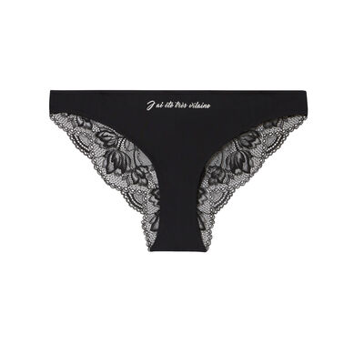 microfibre and lace briefs with bow and slogan - black;