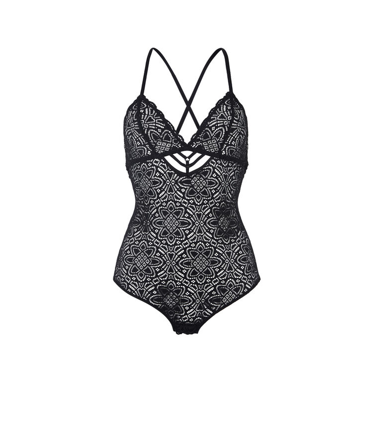Marceliz wireless lace bodysuit. black.