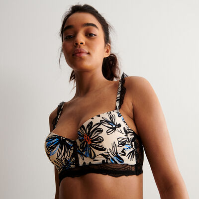 padded bra with floral print and lace - ecru;