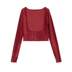 cord top with faux bustier opening - burgundy;
