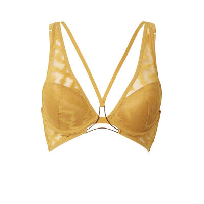 lace push-up bra with ties and jewel detail - ochre yellow;