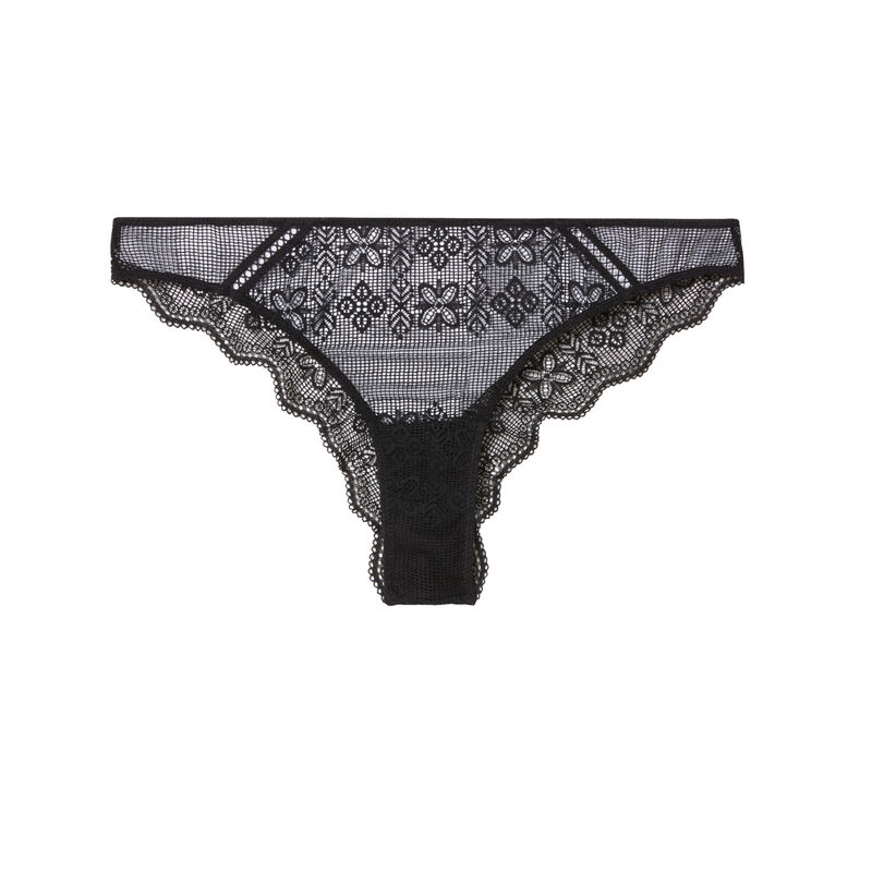 lace thong with gold chain detail - black;