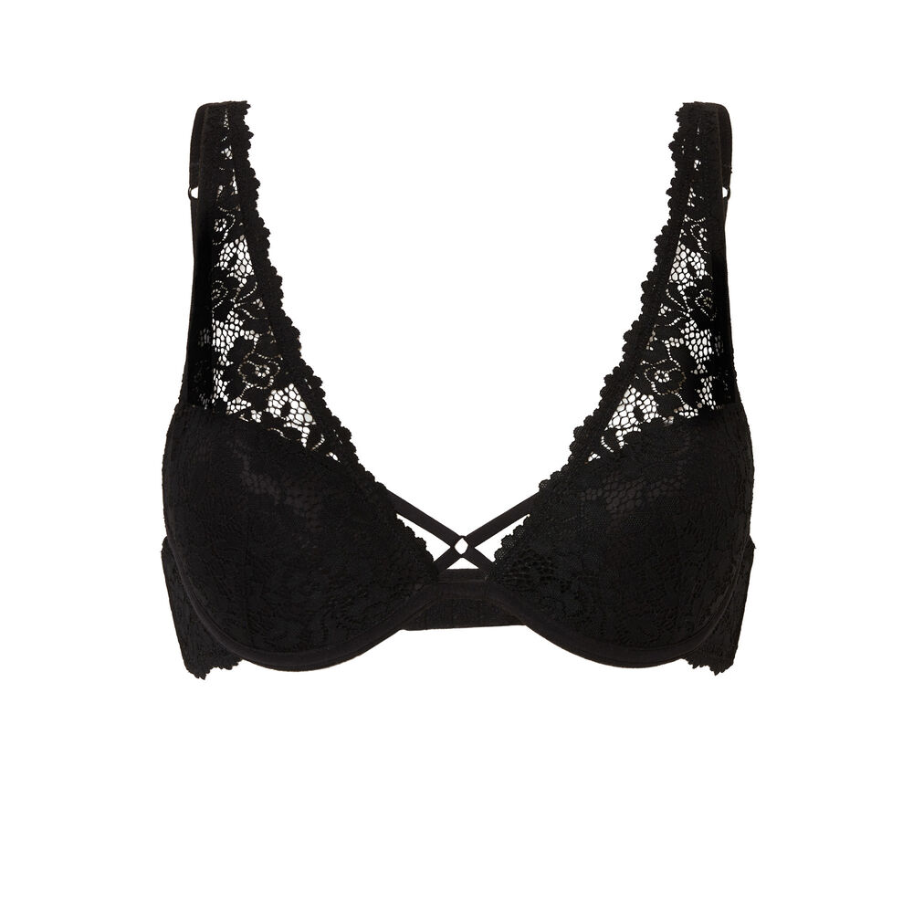 Floral lace padded scarf bra - black black.