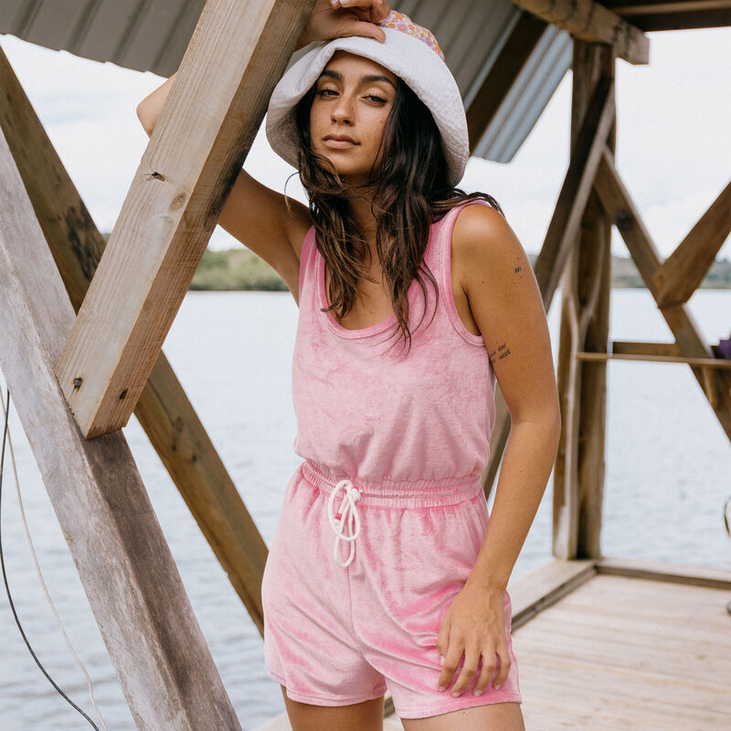 Velvet and terry cloth playsuit with drawstring - pink Velvet and terry cloth playsuit with drawstring - pink;