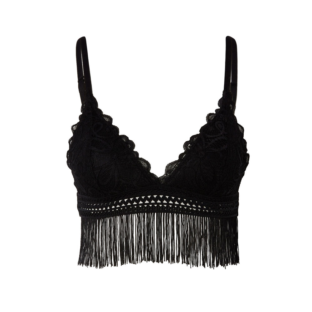 Padded fringed openwork lace triangle bra top - black black.