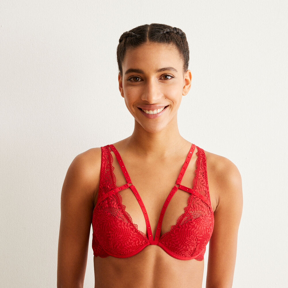Lace and lacing triangle bra - red red.