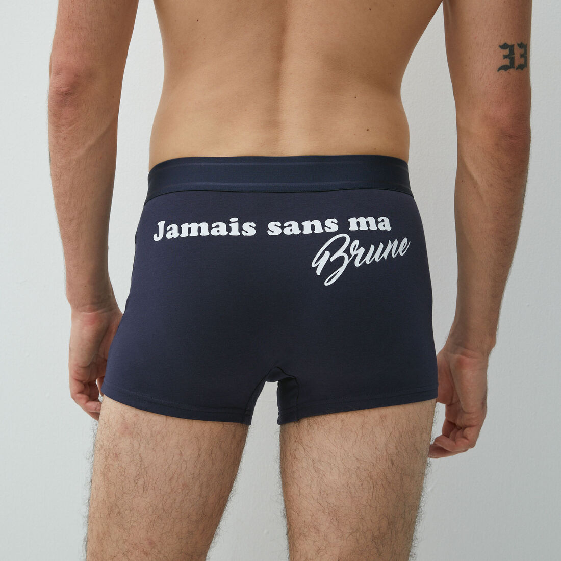 Boxers with "jamais sans ma brune" slogan;