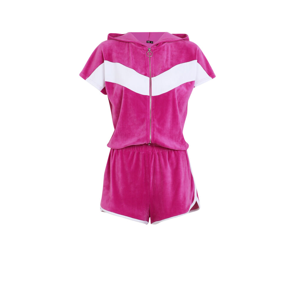 Zipped velour playsuit with hood - pink pink.