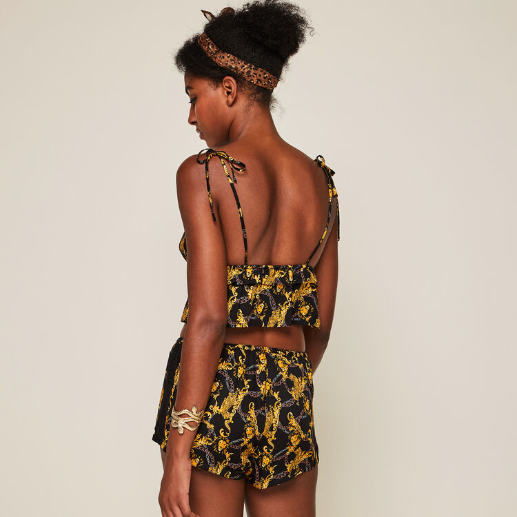 Jimaprintiz print short satin top with knot closure Jimaprintiz print short satin top with knot closure;