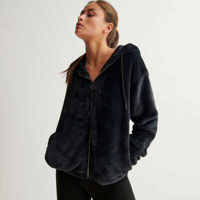fleece jacket with ring zip and hood - black;