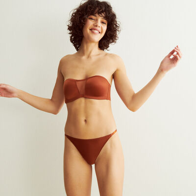 bandeau bra in gloss microfibre and tulle - brown;