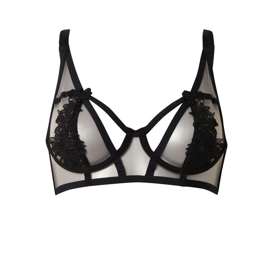 tulle balconette bra with floral lace - black;