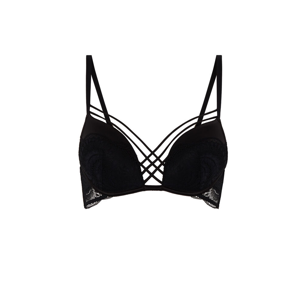 Lace push-up bra with satin straps - black black.