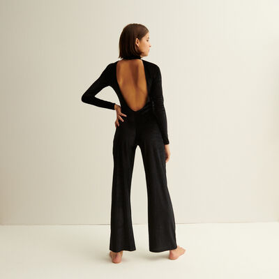 velvet backless straight-legged bodysuit - black;