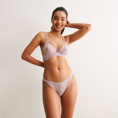 Lace triangle bra with satin straps - lilac;