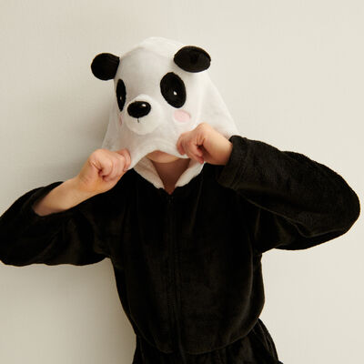 kids fleece playsuit with panda hood - black;