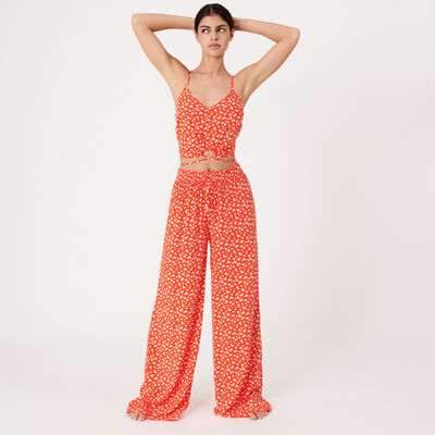 floral top with lacing - orange-red;