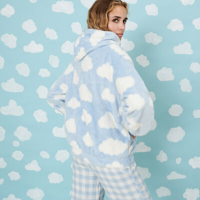 zipped fleece jacket with cloud pattern;
