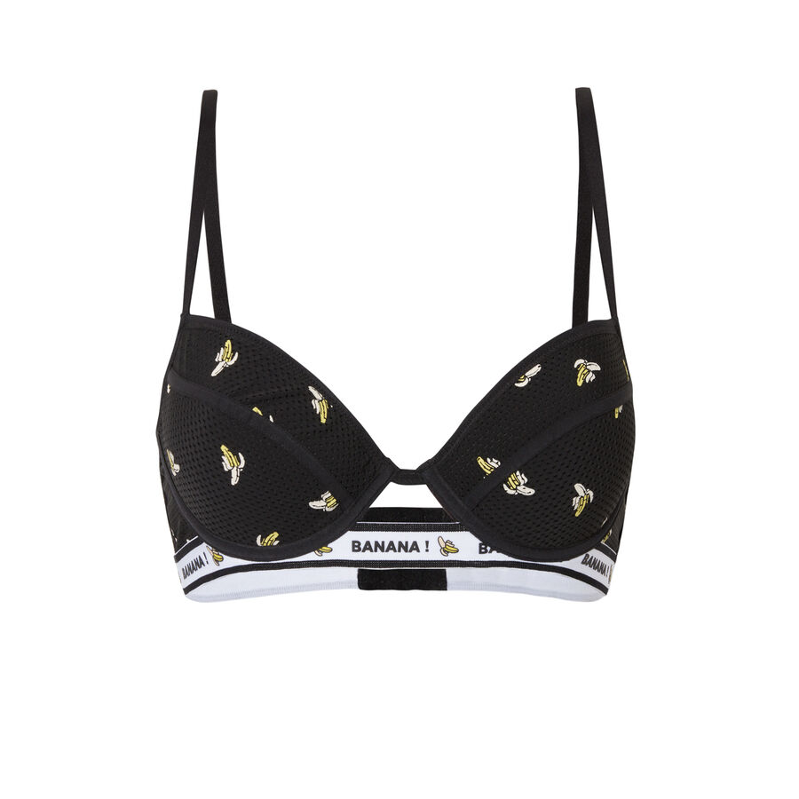 padded bra in tulle with banana motifs - black;