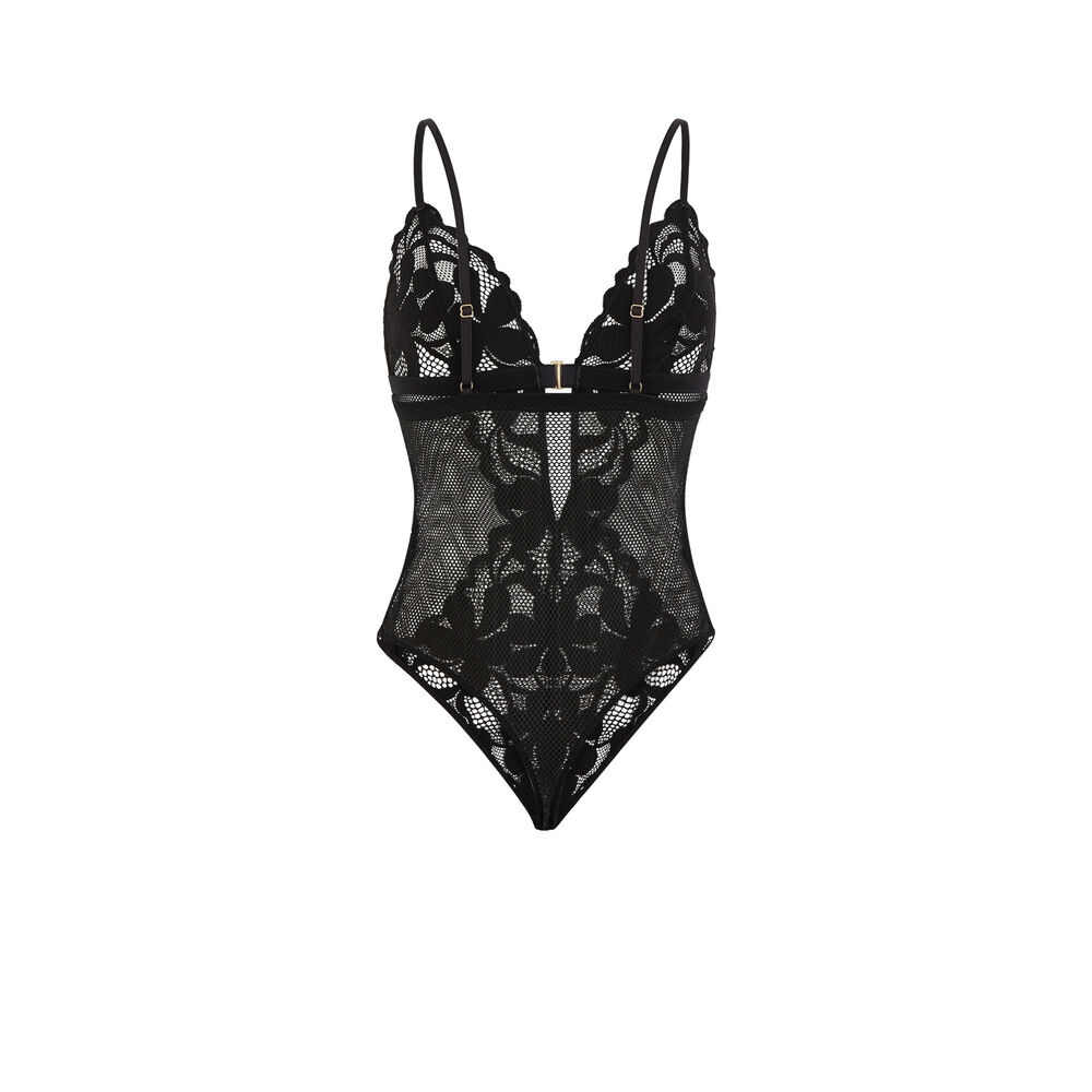 Lace tanga triangle bodysuit - black black.
