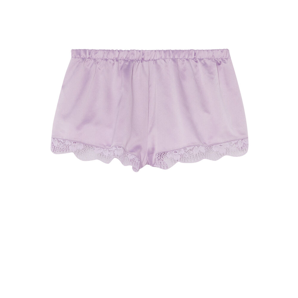 Satin shorts with lace edges - lilac purple.