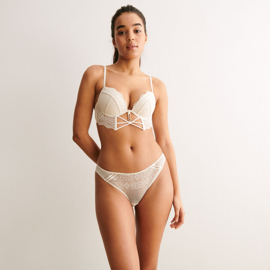lace tanga briefs with gold chain detail - ecru;