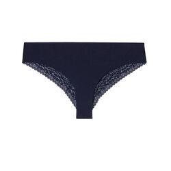 plain lace thong with leopard print - navy blue