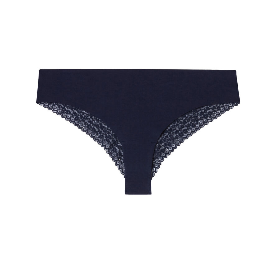 plain lace thong with leopard print - navy blue;