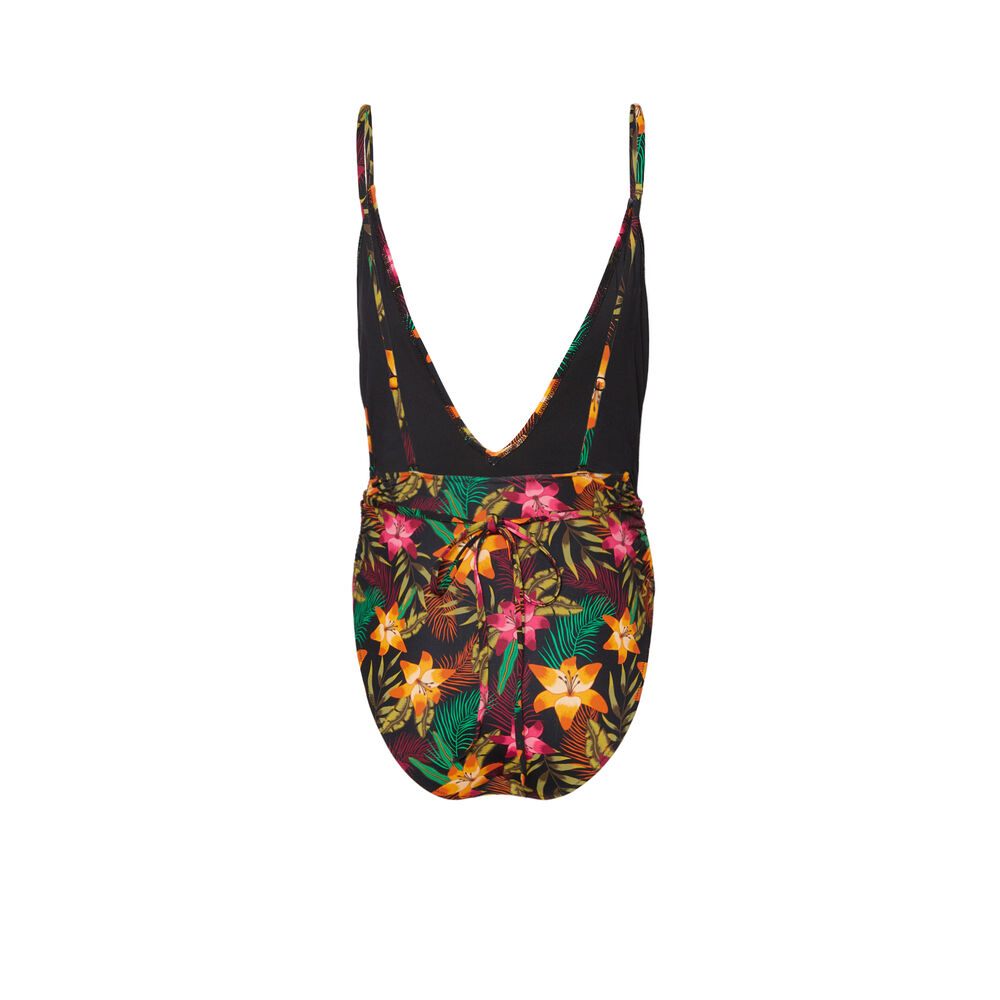 One piece swimsuit with tropical print and tie details - black black.
