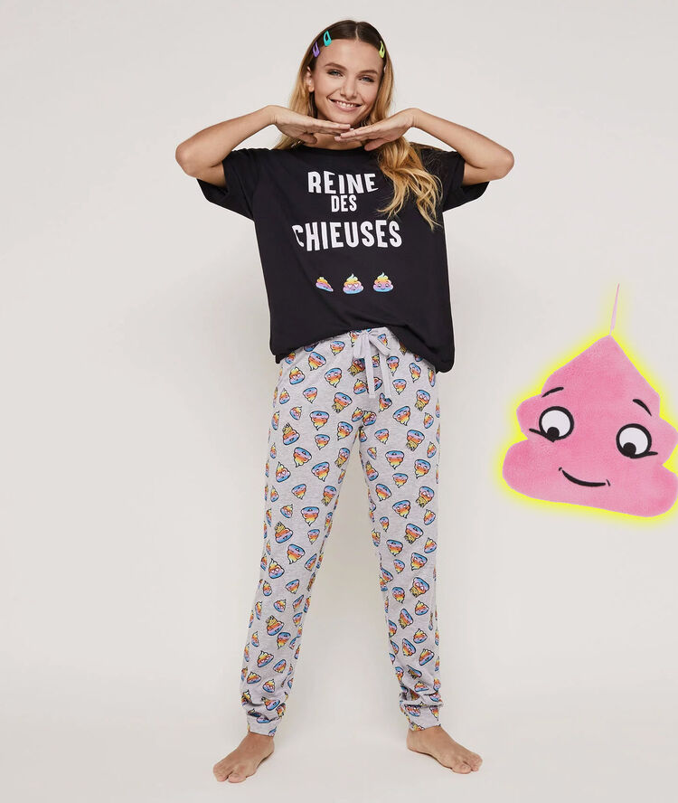 Set pyjama top + pantalon &agrave; imprim&eacute; reinchieusiz noir.
