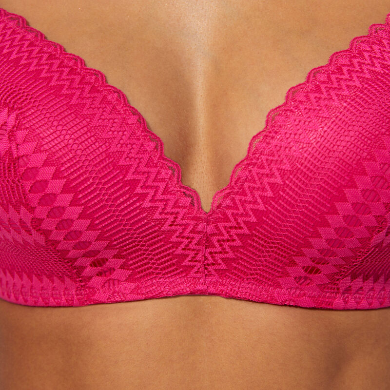 padded lace bra with no underwiring and sheer strips;