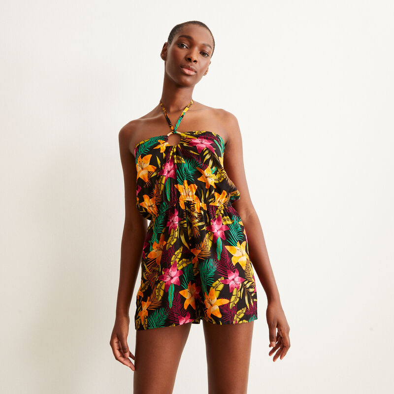 Tiaré flower print playsuit with ring detail - black Tiaré flower print playsuit with ring detail - black;