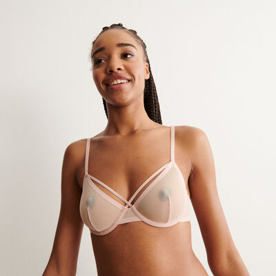 sheer tulle balconette bra with crossover straps - pale pink;