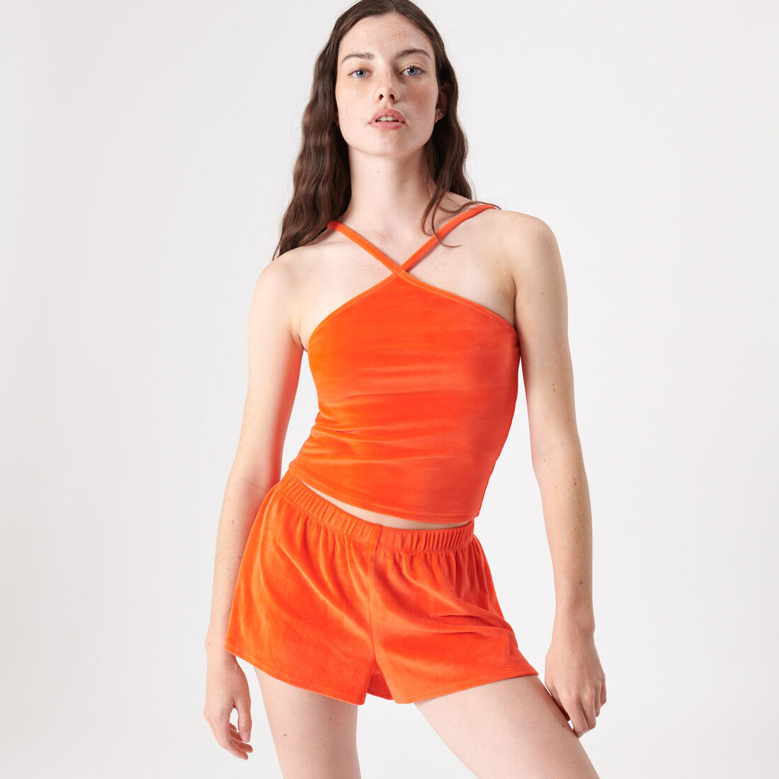 high-rise velour shorts - reddish orange;