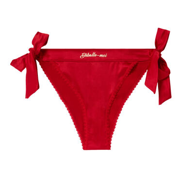 satin tanga with "déballe-moi" print and side bows - red;
