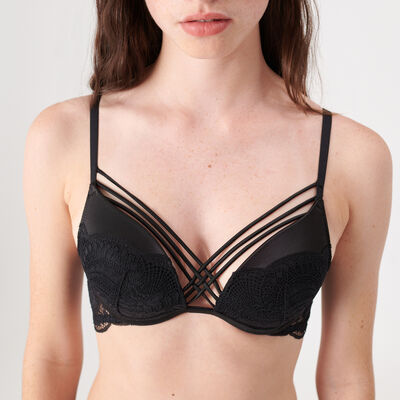 Lace push-up bra with satin straps - black;