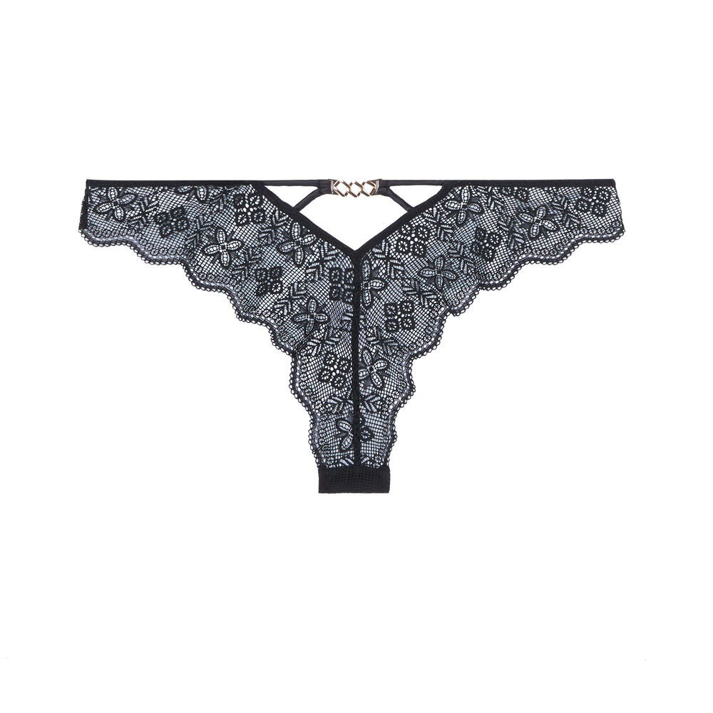 Lace tanga briefs with gold chain detail - black black.