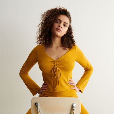 pleated jersey top with flared sleeves - yellow ochre;