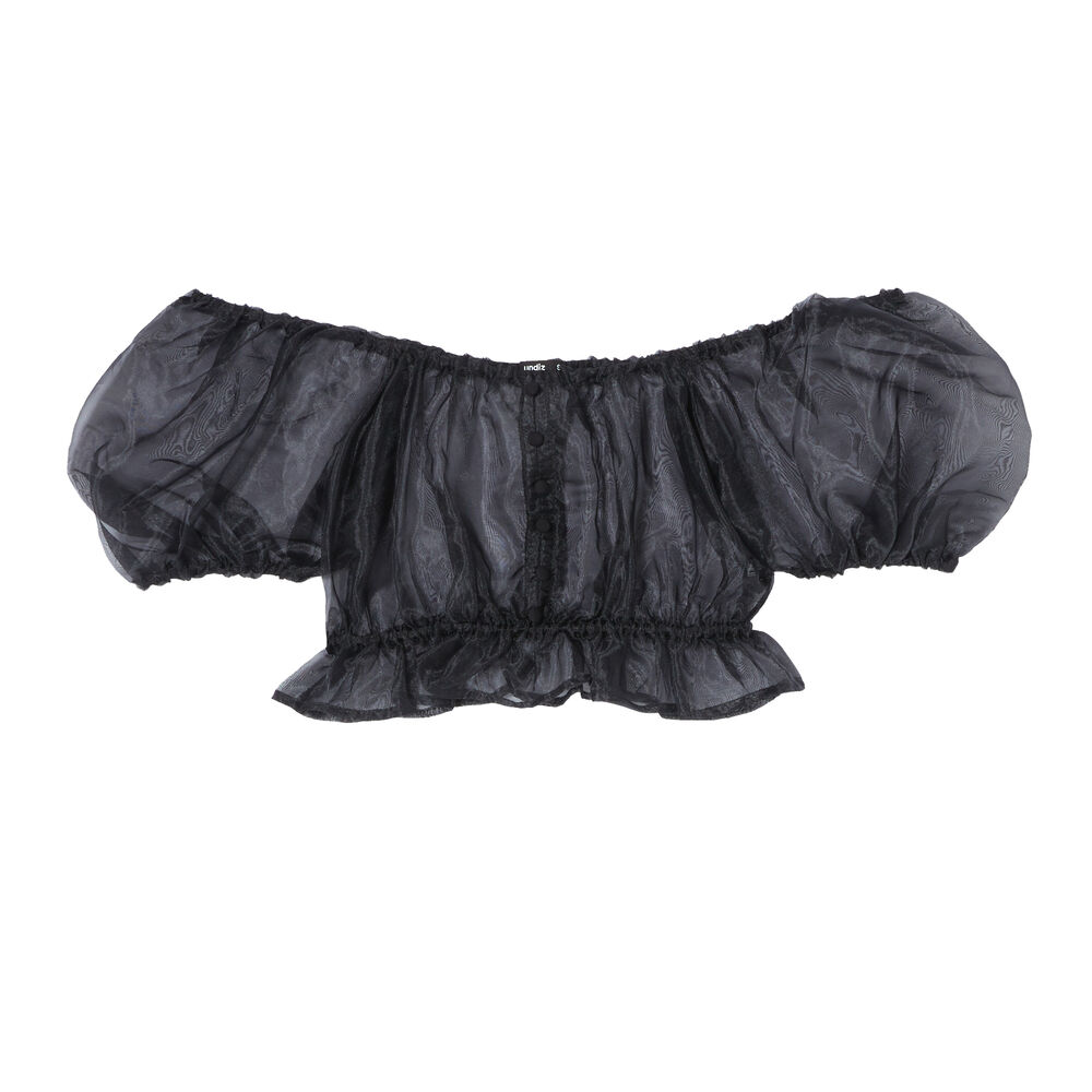 Tulle crop top with bouffant sleeves - black black.