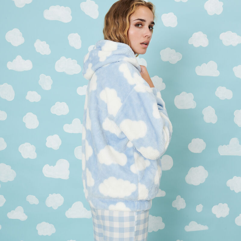 zipped fleece jacket with cloud pattern;