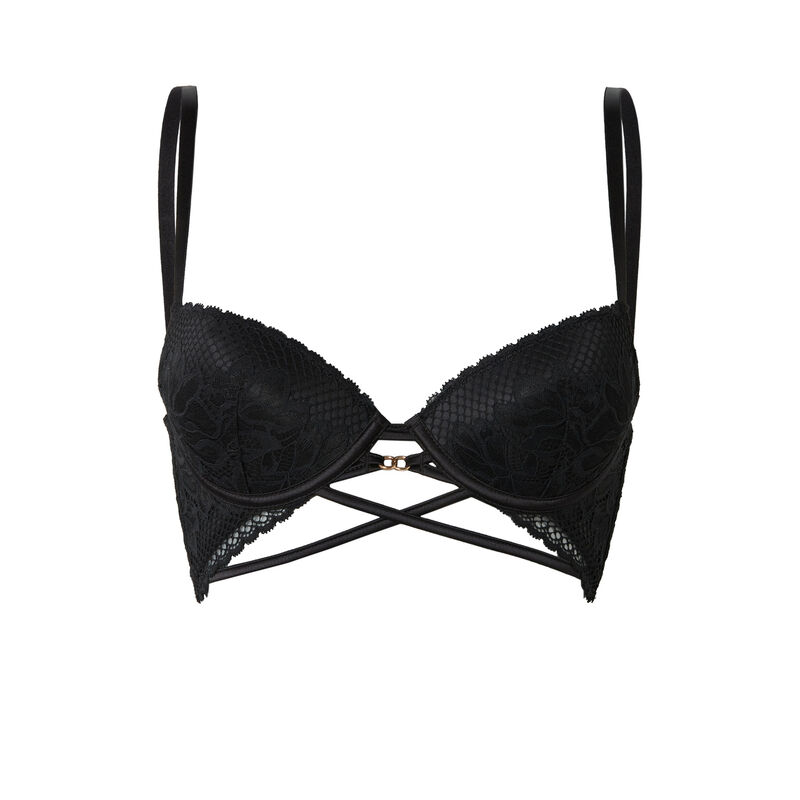 lace push-up bustier bra with ties and ring details - black;