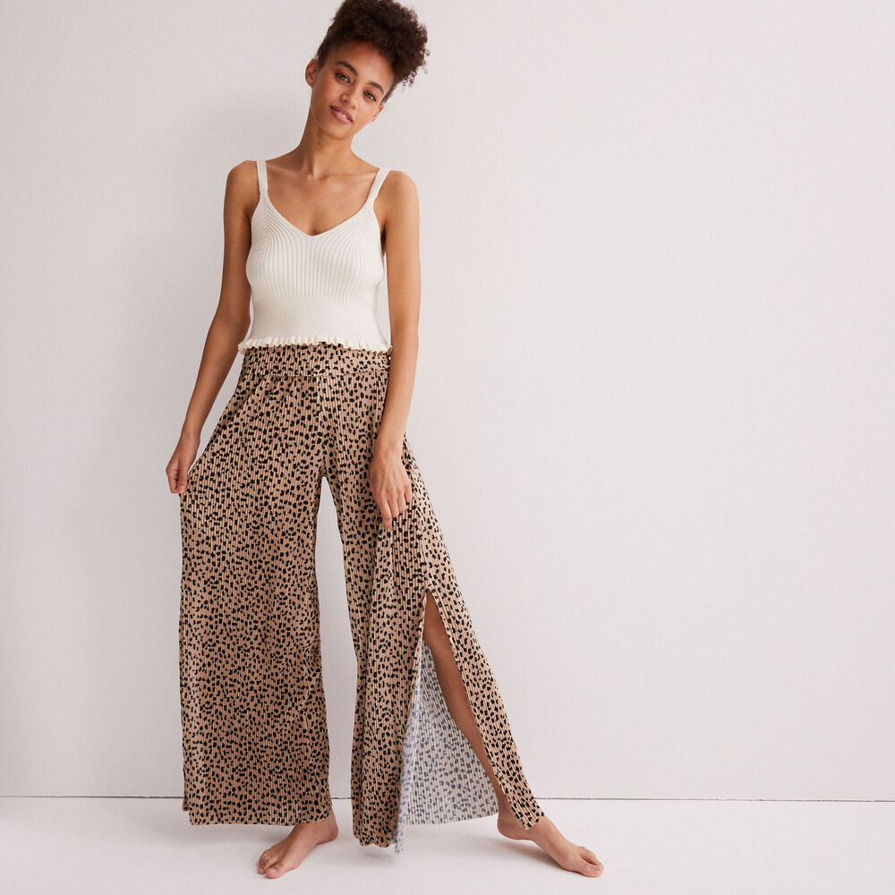 Wide-leg open trousers with leopard print - beige beige.