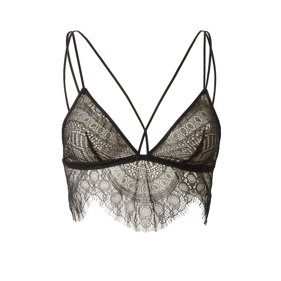 non-wired triangle bra with lacing over the cleavage - black;
