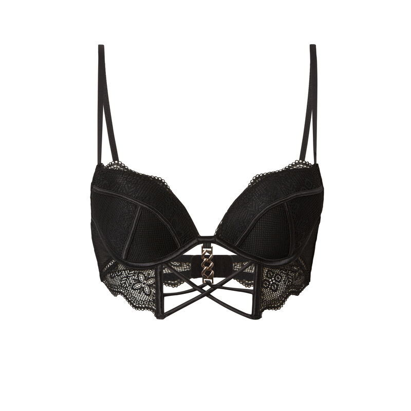 push-up bustier bra with golden chain detail - black;
