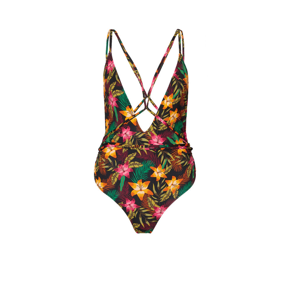 One piece swimsuit with tropical print and tie details - black black.