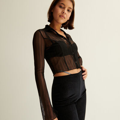 semi sheer mesh cropped shirt - black;