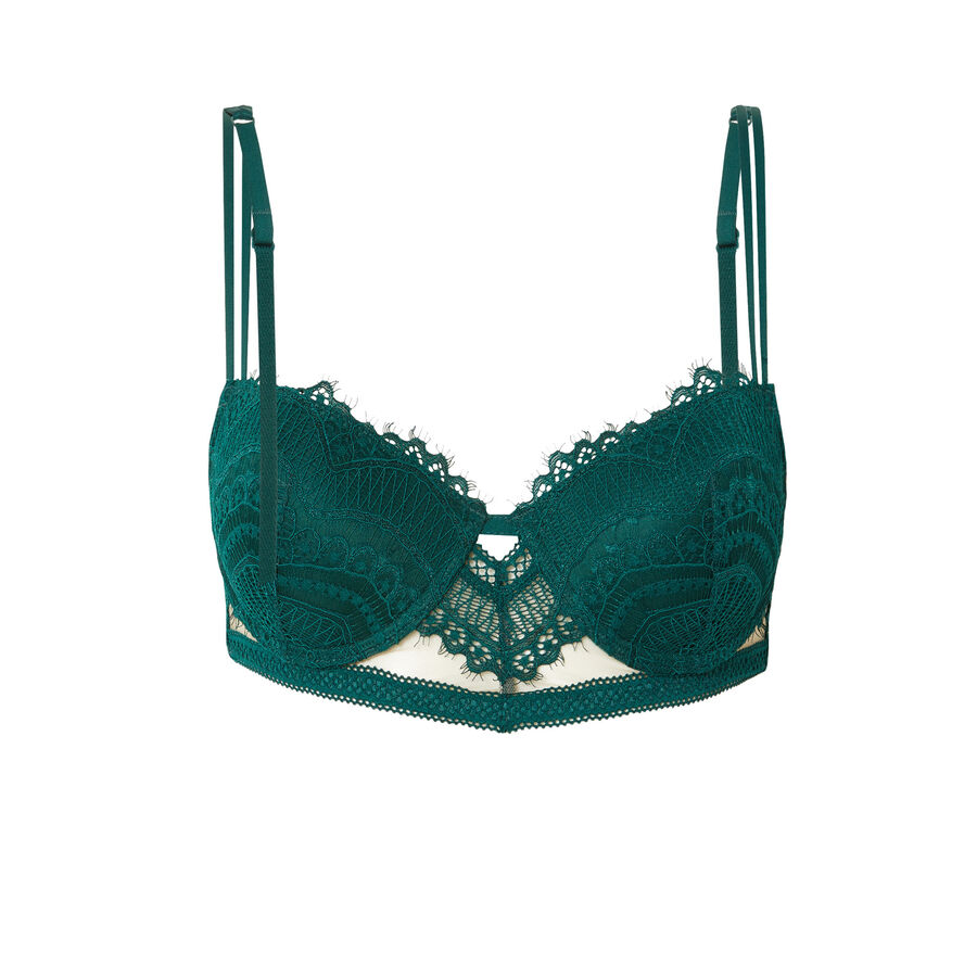 mesh and floral lace padded bra - fir green;